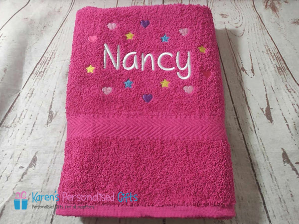 Personalised Kids Grey Hearts & Stars Swim/Bath Towel (Choice of colours)