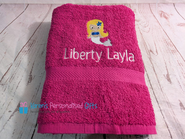Personalised Kids Cute Mermaid Swim/Bath Towel (Choice of colours)