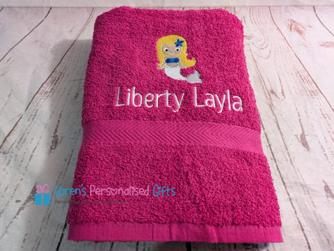 Personalised Kids Cute Mermaid Swim/Bath Towel (Choice of colours)