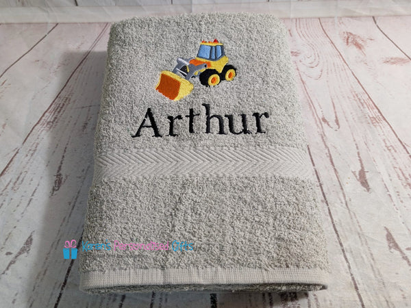 Personalised Kids Grey Digger Swim/Bath Towel (Choice of colours)