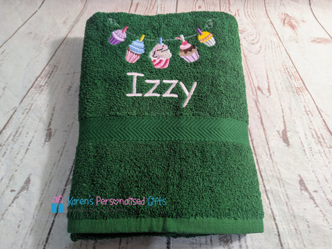 Personalised Kids Forest Green Cupcakes Swim/Bath Towel (Choice of colours)