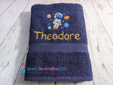 Personalised Kids Navy Astronaut Swim/Bath Towel (Choice of colours)