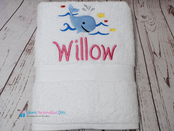 Personalised Kids Royal Blue Whale Swim/Bath Towel (Choice of colours)