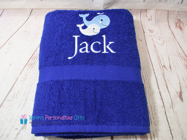 Personalised Kids Blue Whale Swim/Bath Towel (Choice of colours)