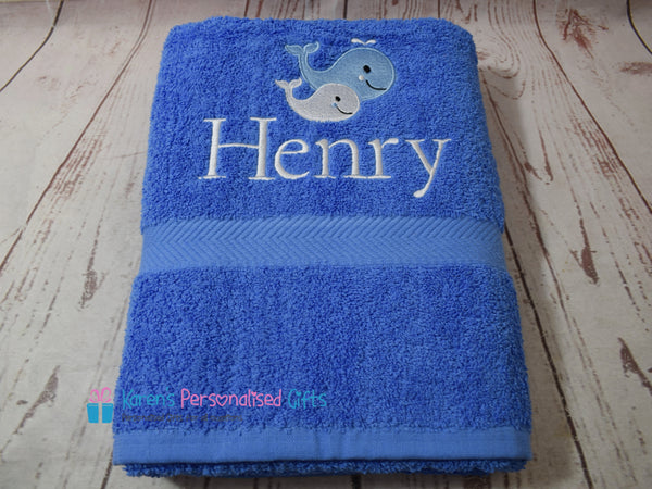 Personalised Kids Blue Whale Swim/Bath Towel (Choice of colours)