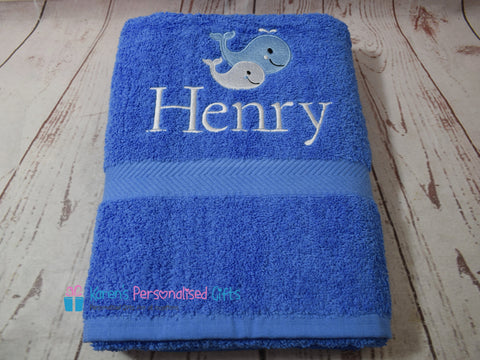 Personalised Kids Blue Whale Swim/Bath Towel (Choice of colours)