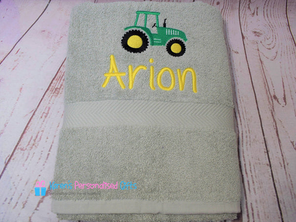 Personalised Kids Tractor Navy Swim/Bath Towel (Choice of colours)