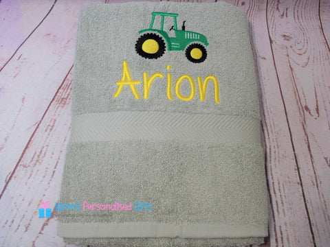 Personalised Kids Tractor Grey Swim/Bath Towel (Choice of colours)