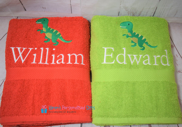 Personalised Kids Royal Blue Dinosaur Swim/Bath Towel (Choice of colours)