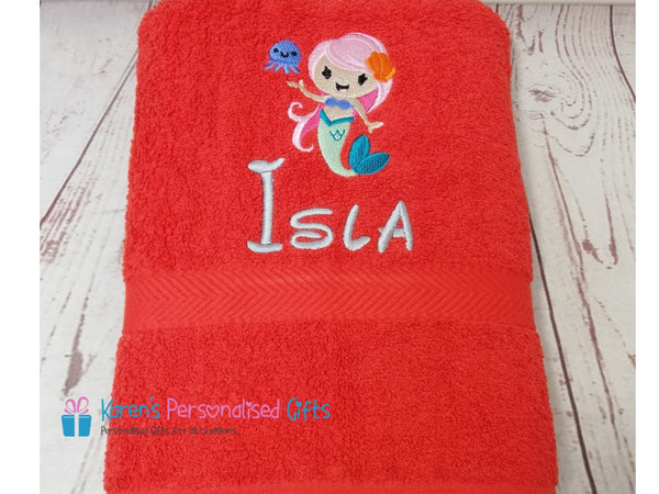 Personalised Kids Forest Green Mermaid Swim/Bath Towel (Choice of colours)