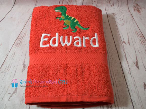 Personalised Kids Blue Dinosaur Swim/Bath Towel (Choice of colours)