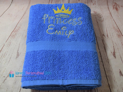 Personalised Kids Blue Princess Swim/Bath Towel (Choice of colours)