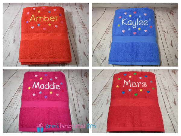 Personalised Kids Red Hearts & Stars Swim/Bath Towel (Choice of colours)