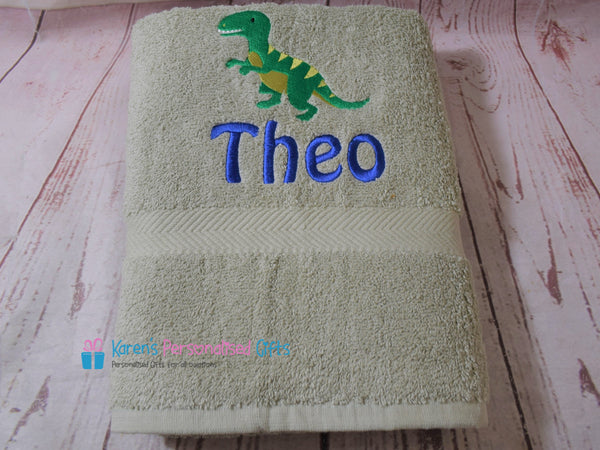 Personalised Kids Grey Dinosaur Swim/Bath Towel (Choice of colours)