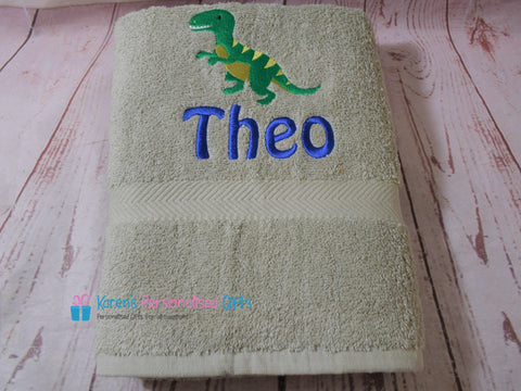 Personalised Kids Grey Dinosaur Swim/Bath Towel (Choice of colours)