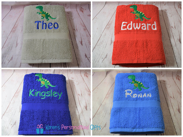 Personalised Kids Blue Dinosaur Swim/Bath Towel (Choice of colours)