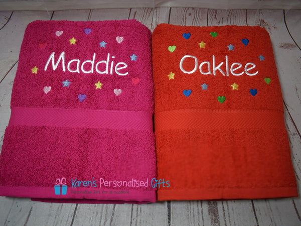 Personalised Kids Red Hearts & Stars Swim/Bath Towel (Choice of colours)