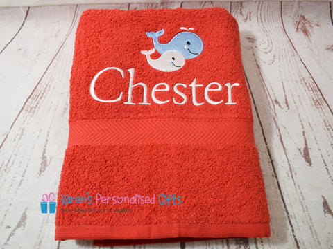 Personalised Kids Red Whale Swim/Bath Towel (Choice of colours)