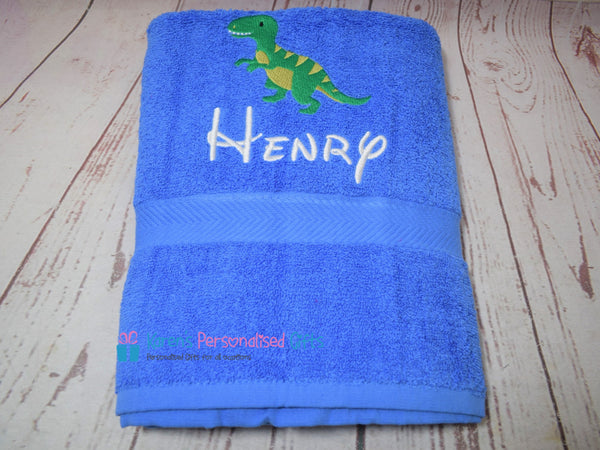 Personalised Kids Grey Dinosaur Swim/Bath Towel (Choice of colours)