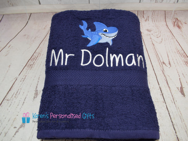 Personalised Kids Blue Shark Swim/Bath Towel (Choice of colours)