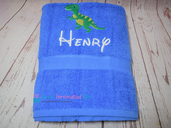 Personalised Kids Orange Dinosaur Swim/Bath Towel (Choice of colours)