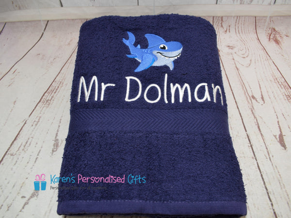 Personalised Kids Royal Blue Shark Swim/Bath Towel (Choice of colours)