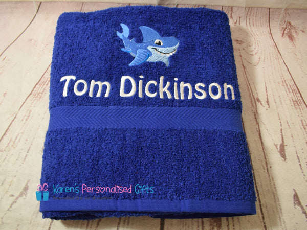 Personalised Kids Blue Shark Swim/Bath Towel (Choice of colours)