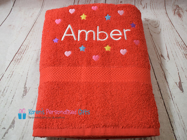 Personalised Kids Blue Hearts & Stars Swim/Bath Towel (Choice of colours)