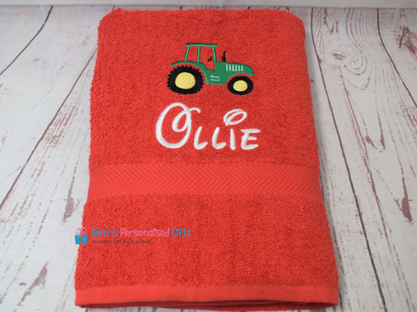 Personalised Kids Tractor Red Swim/Bath Towel (Choice of colours)