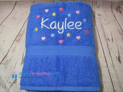 Personalised Kids Blue Hearts & Stars Swim/Bath Towel (Choice of colours)