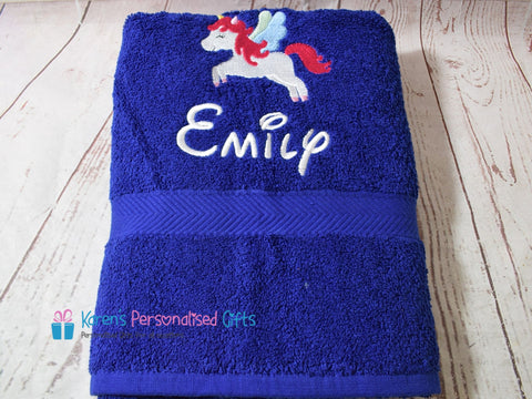 Personalised Kids Royal Blue Unicorn Swim/Bath Towel (Choice of colours)