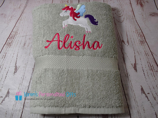 Personalised Kids Red Unicorn Swim/Bath Towel (Choice of colours)