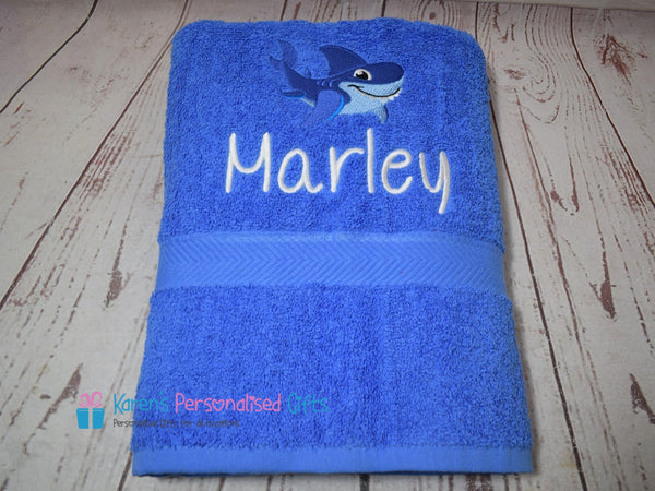 Personalised Kids Navy Blue Shark Swim/Bath Towel (Choice of colours)