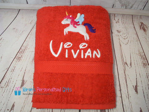 Personalised Kids Red Unicorn Swim/Bath Towel (Choice of colours)