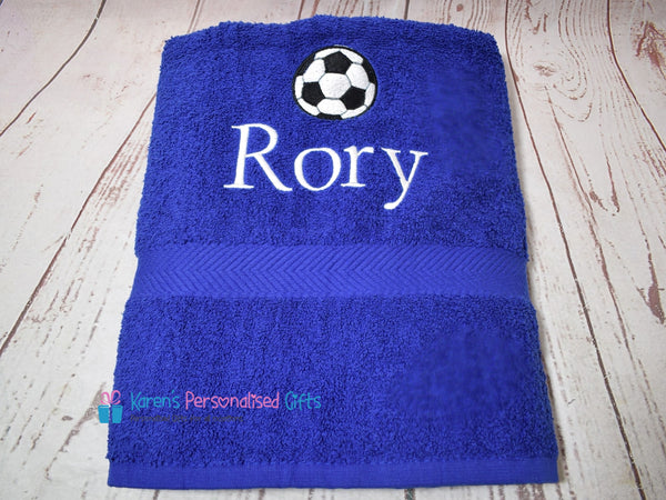 Personalised Kids Football Navy Swim/Bath Towel (Choice of colours)