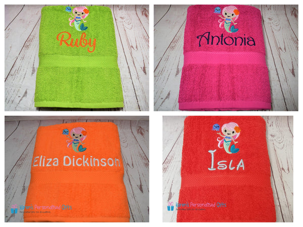 Personalised Kids Orange Mermaid Swim/Bath Towel (Choice of colours)