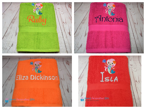 Personalised Kids Red Mermaid Swim/Bath Towel (Choice of colours)