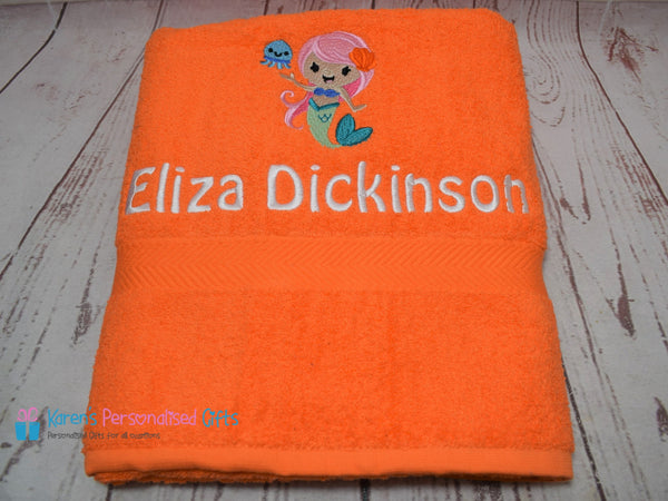 Personalised Kids Orange Mermaid Swim/Bath Towel (Choice of colours)