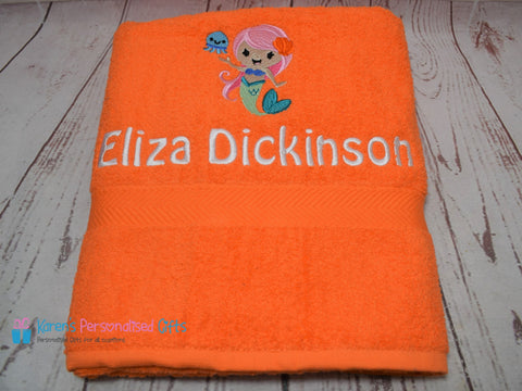 Personalised Kids Orange Mermaid Swim/Bath Towel (Choice of colours)