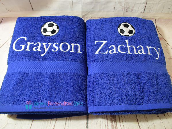 Personalised Kids Football Blue Swim/Bath Towel (Choice of colours)