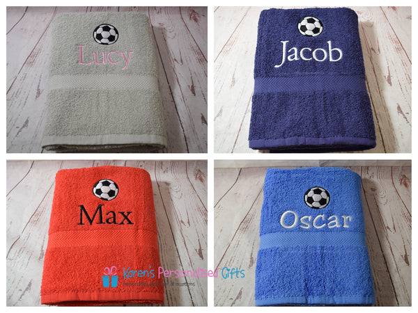 Personalised Kids Football Navy Swim/Bath Towel (Choice of colours)