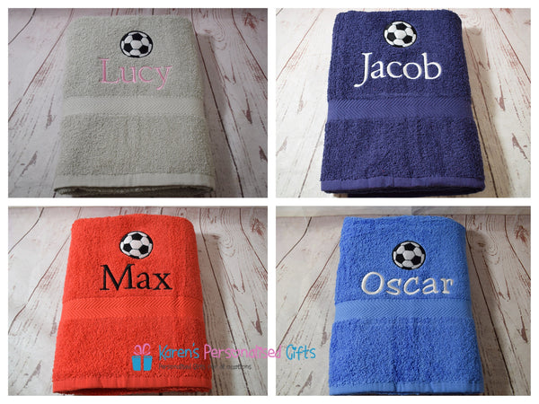 Personalised Kids Football Grey Swim/Bath Towel (Choice of colours)