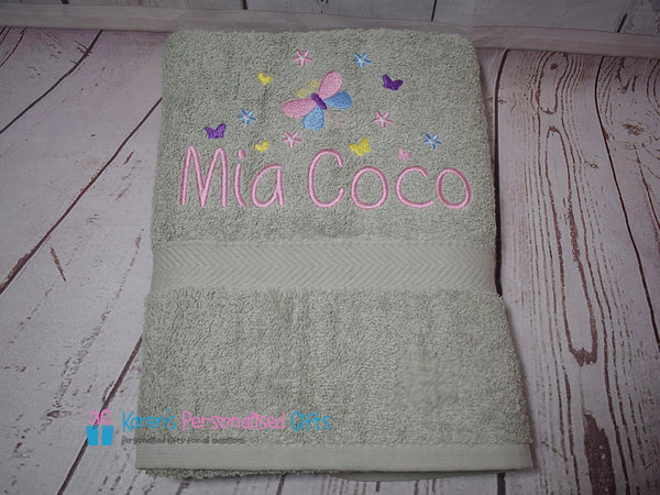 Personalised Kids Grey Butterfly Swim/Bath Towel (Choice of colours)