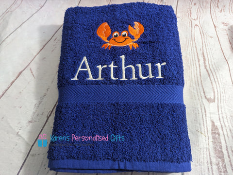 Personalised Kids Royal Blue Crab Swim/Bath Towel (Choice of colours)