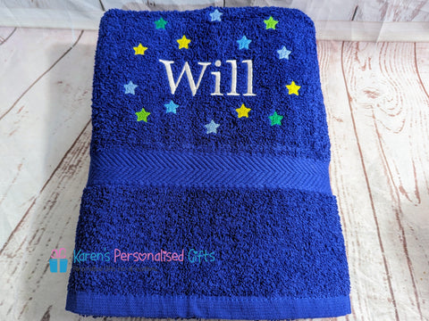 Personalised Kids Royal Blue Stars Swim/Bath Towel (Choice of colours)