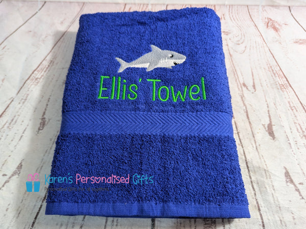 Personalised Kids Royal Blue Cute Shark Swim/Bath Towel (Choice of colours)