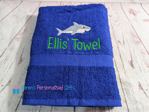 Personalised Kids Royal Blue Cute Shark Swim/Bath Towel (Choice of colours)