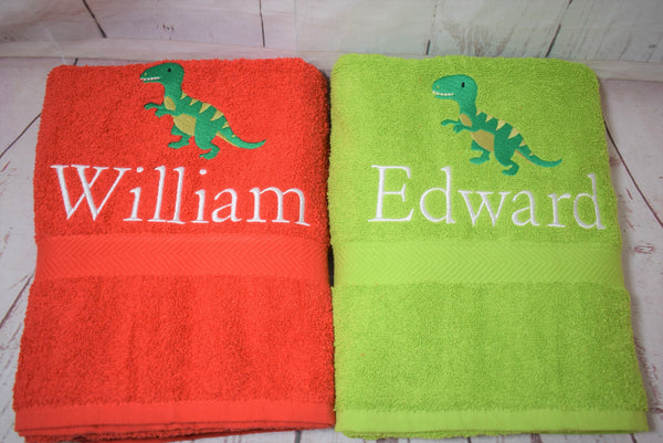 Personalised Kids Orange Dinosaur Swim/Bath Towel (Choice of colours)