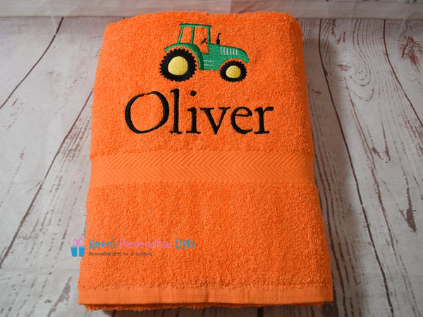 Personalised Kids Tractor Grey Swim/Bath Towel (Choice of colours)