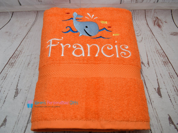 Personalised Kids White Whale Swim/Bath Towel (Choice of colours)